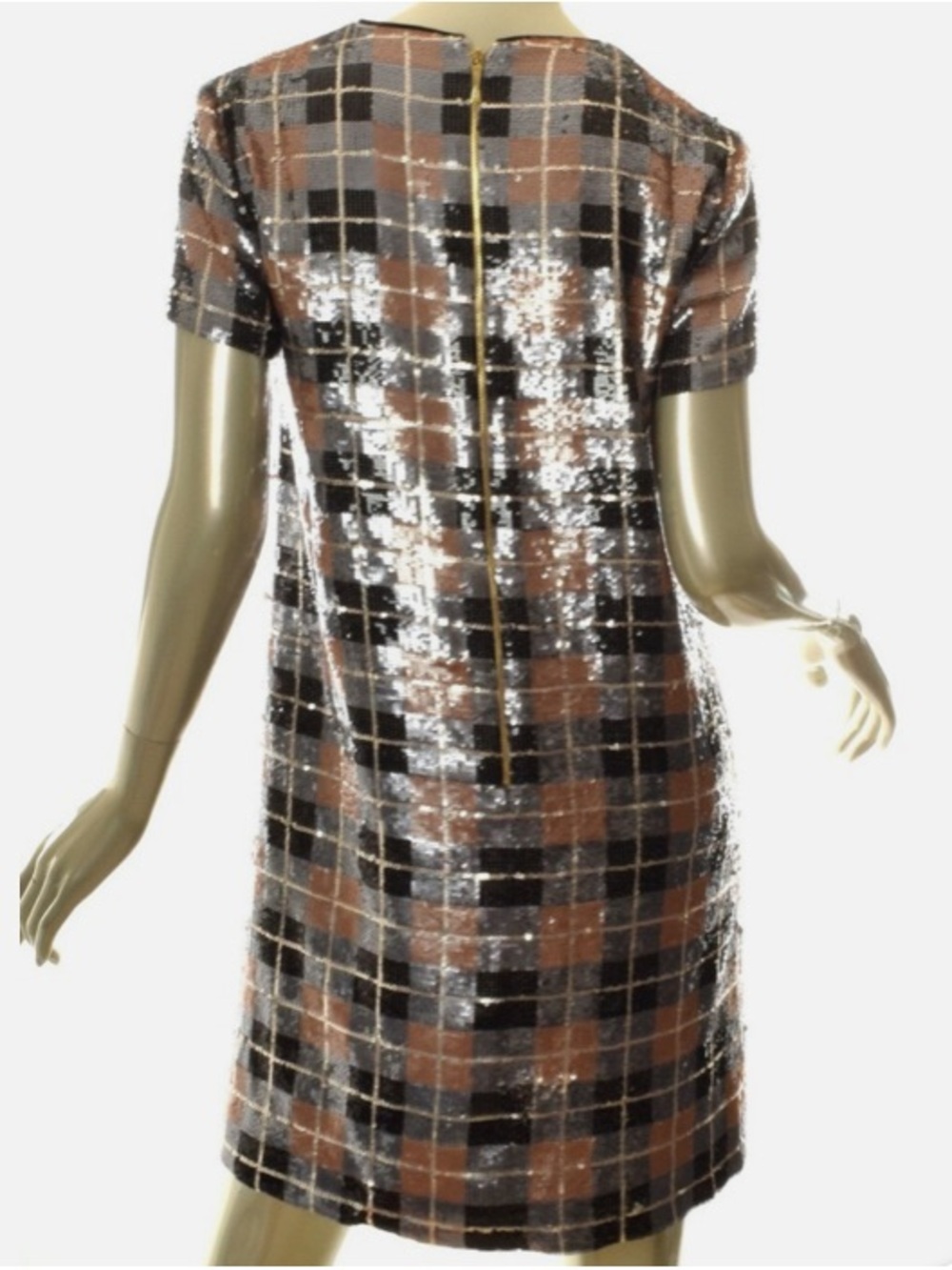 kate spade Sequin Plaid V-Neck Mini Dress in Silver Brown & Black - Picture 2 of 9